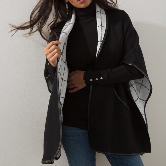 NWT CHICO'S BLACK WHITE DOUBLE KNIT SWEATER RUANA WRAP JACKET S/M L/XL - Picture 2 of 5